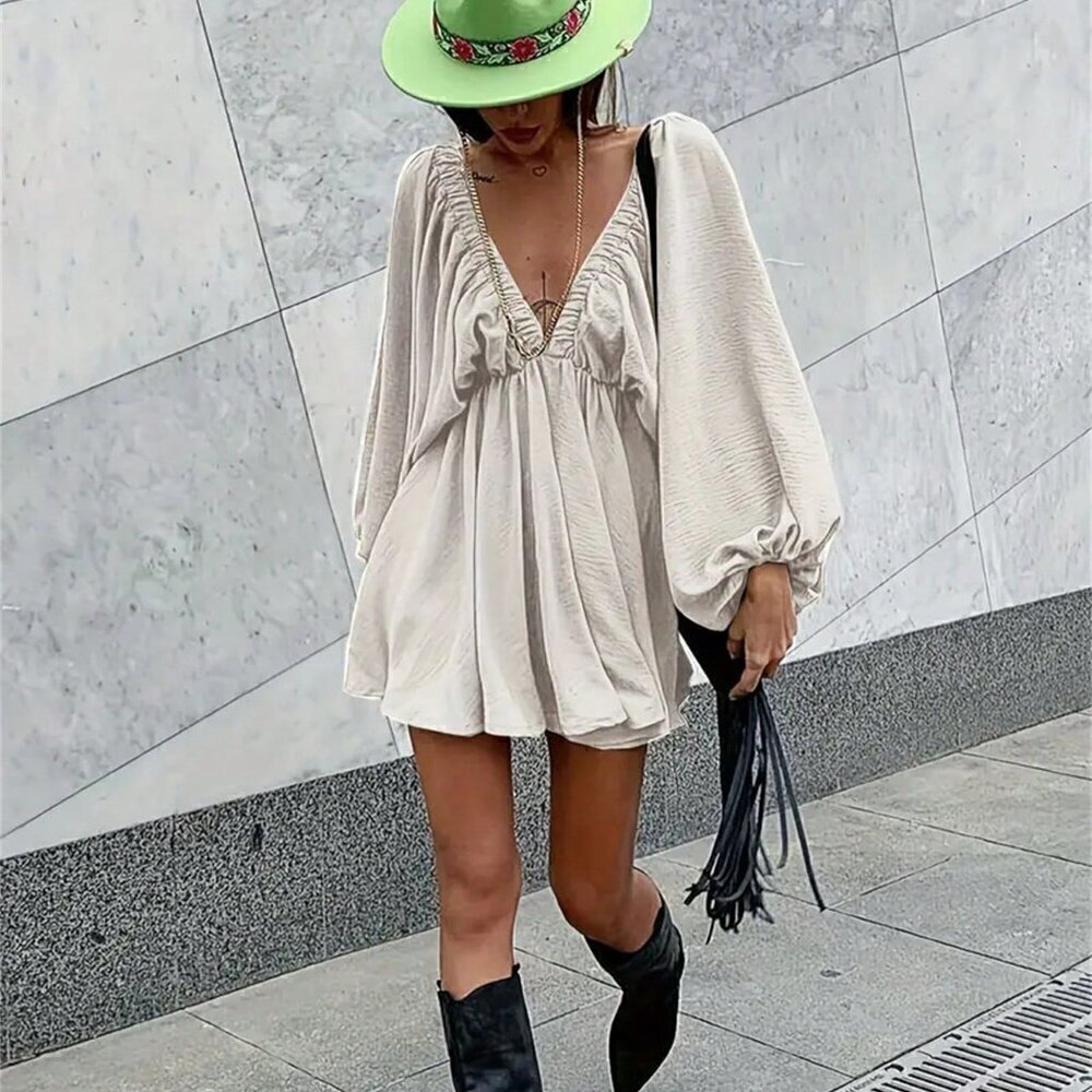 Apricot Sexy Women's Solid Color V-Neck Lantern Sleeve Dress